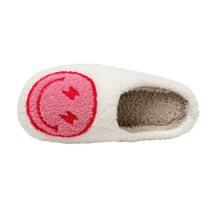 Fluffy smiley face house slippers for women in soft blue and pink