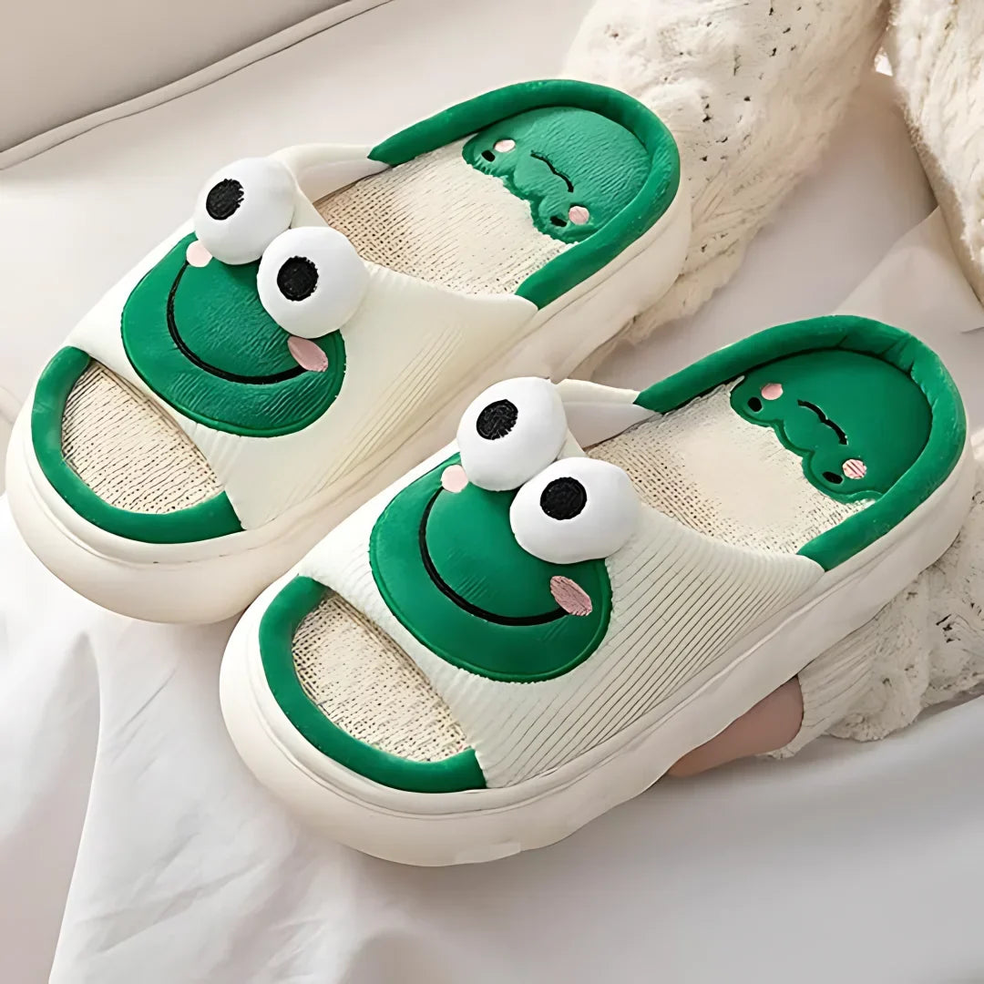 Cute women's cartoon animal cotton slippers in frog and cow designs with low-back heel