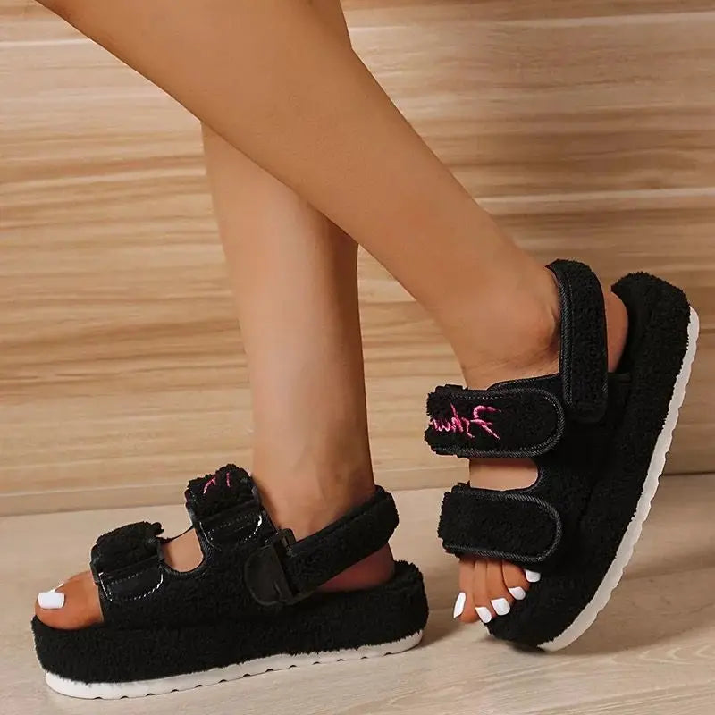 Plush terry platform slide sandals with adjustable velcro straps in bold colours