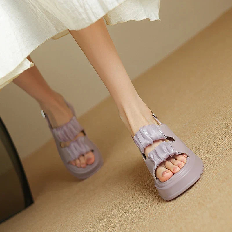 Ruched double-strap chunky heeled sandals with adjustable ankle strap and buckle closure