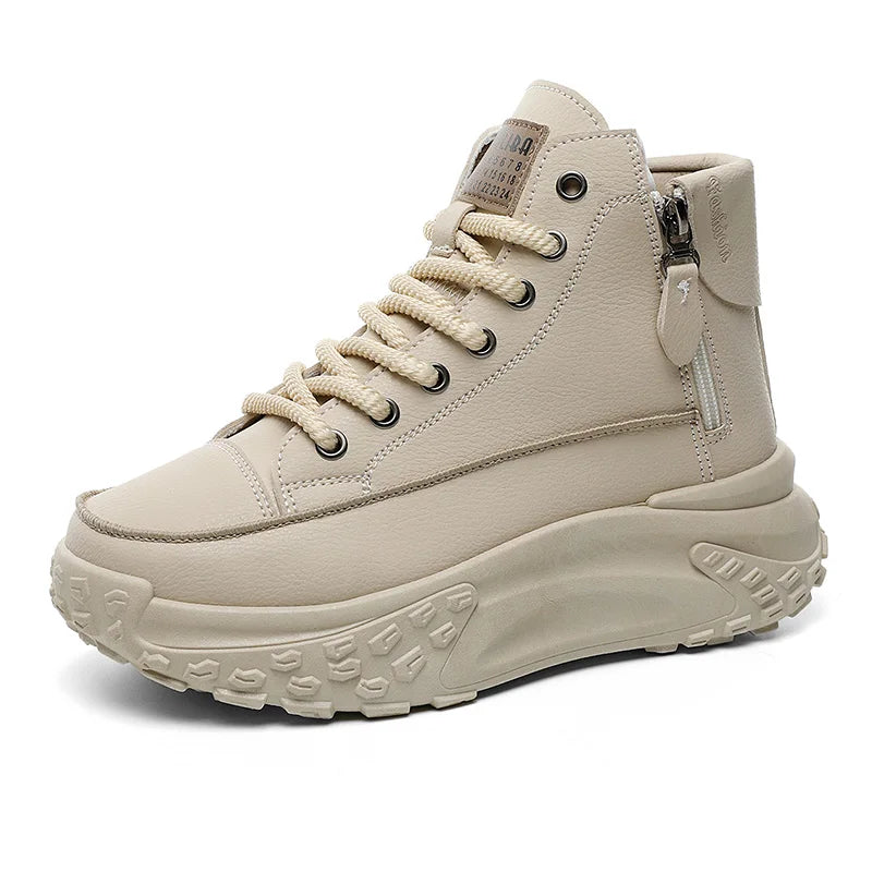 Platform high-top sneakers with side zippers and chunky sole in white, beige and black