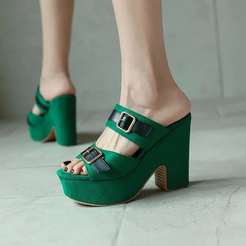 Chunky platform heeled suede sandals with dual buckle straps in vibrant colours