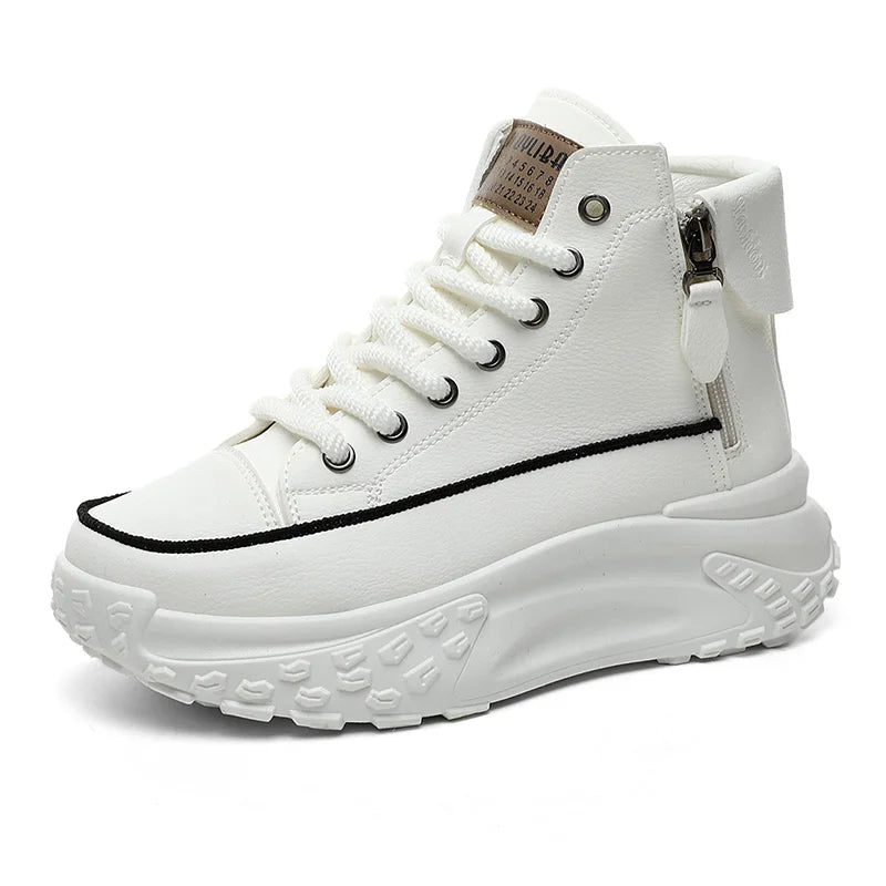 Platform high-top sneakers with side zippers and chunky sole in white, beige and black