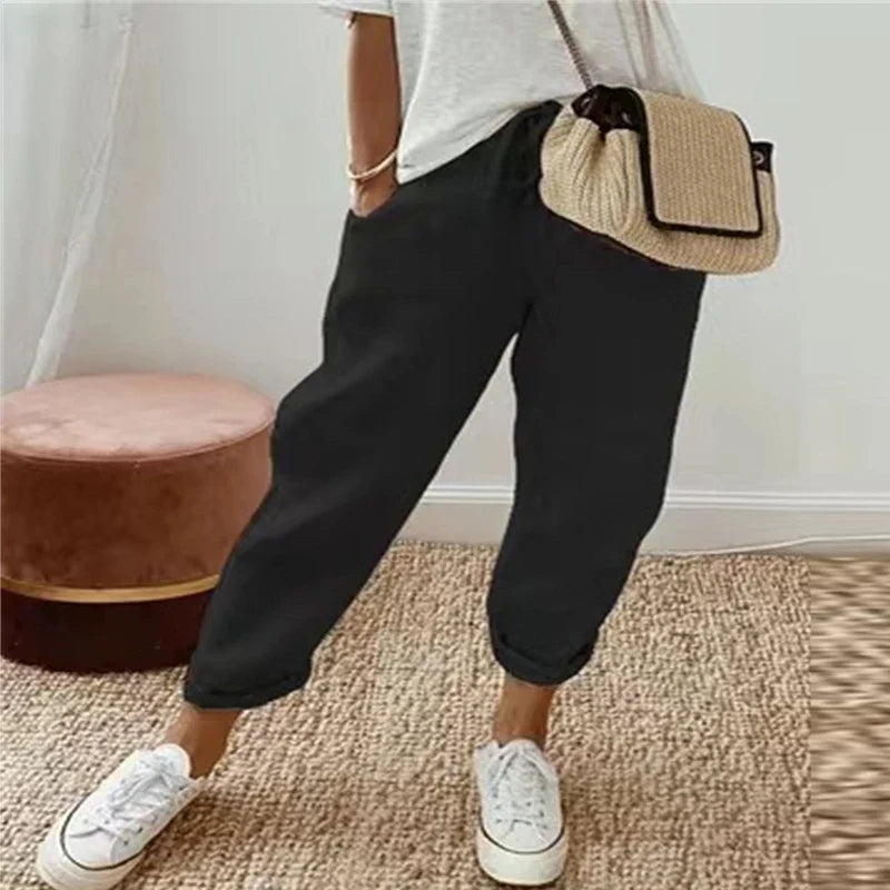 Auberine black ethnic retro print pull-on pants with straight-leg cut and drawstring waist