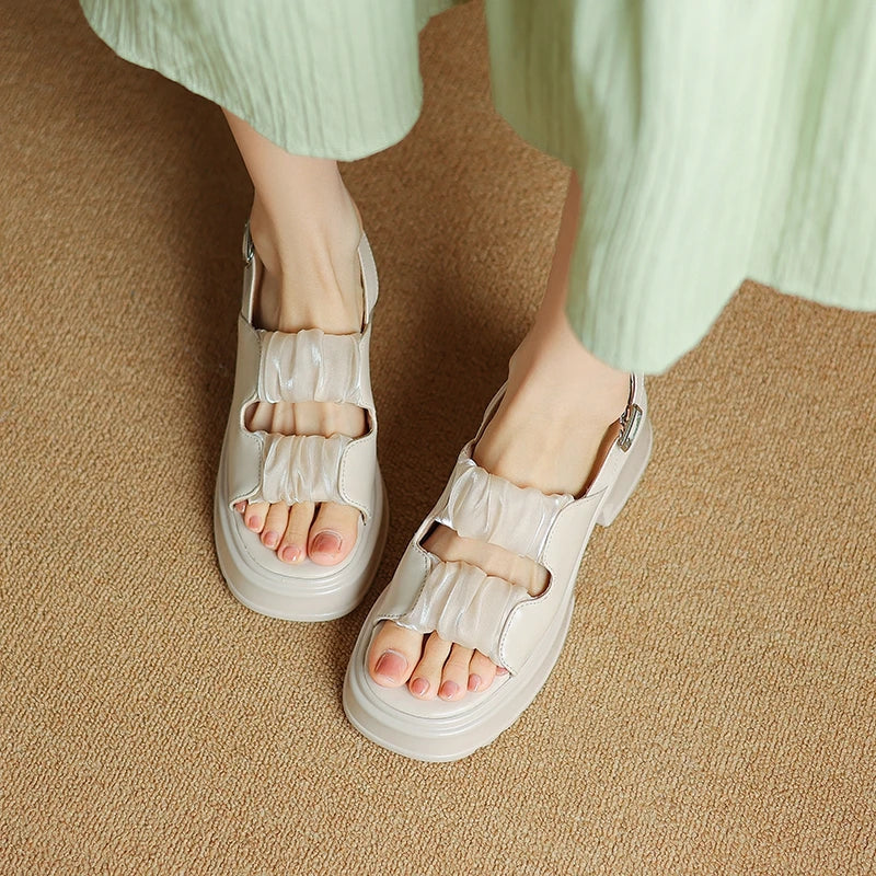 Ruched double-strap chunky heeled sandals with adjustable ankle strap and buckle closure
