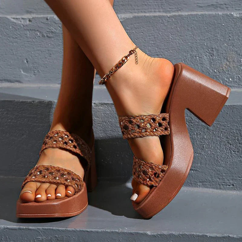 Chunky platform heels with wide braided straps, square toe and block heel