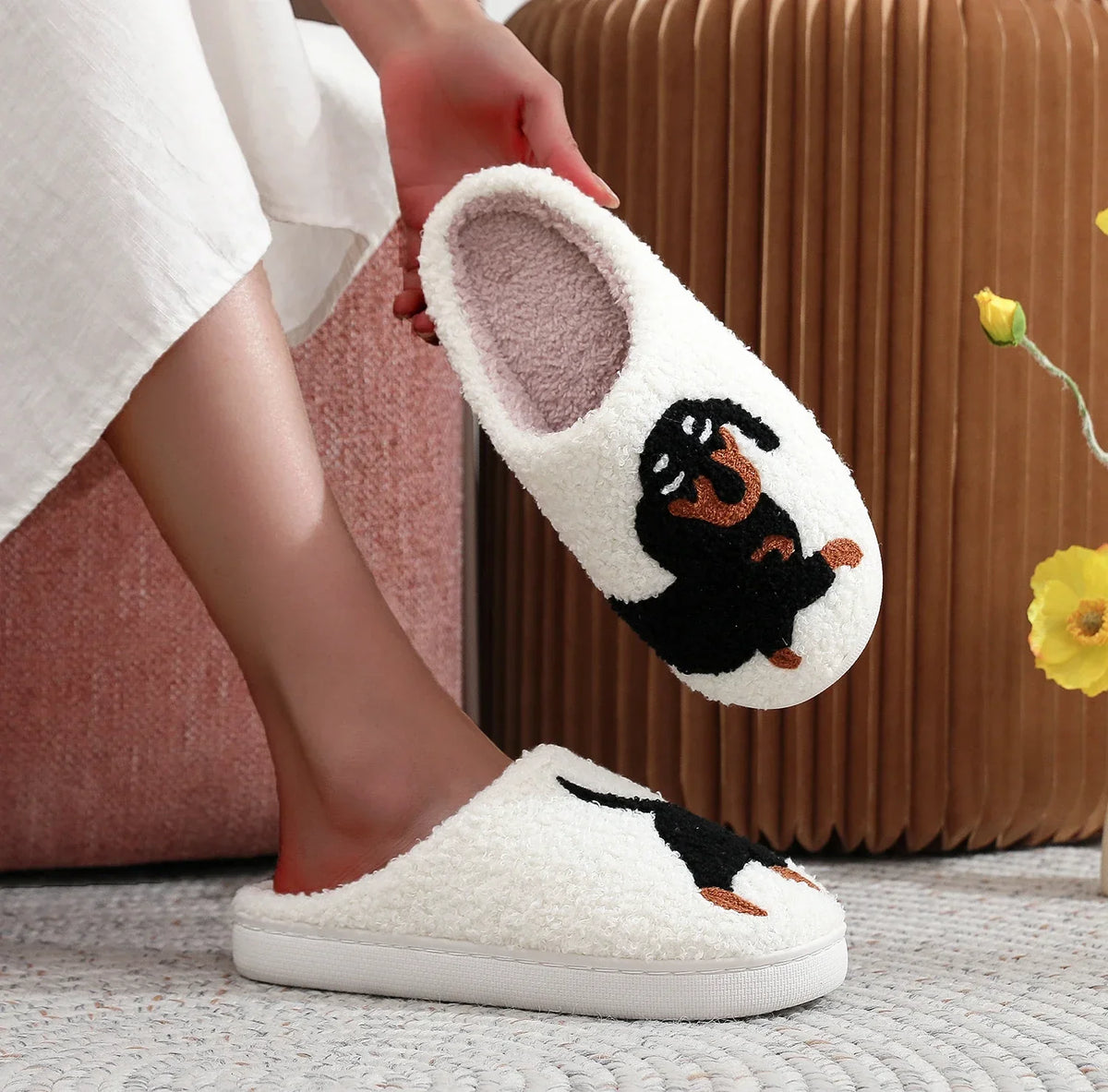Dachshund novelty slippers with cushioned insole and non-slip white sole