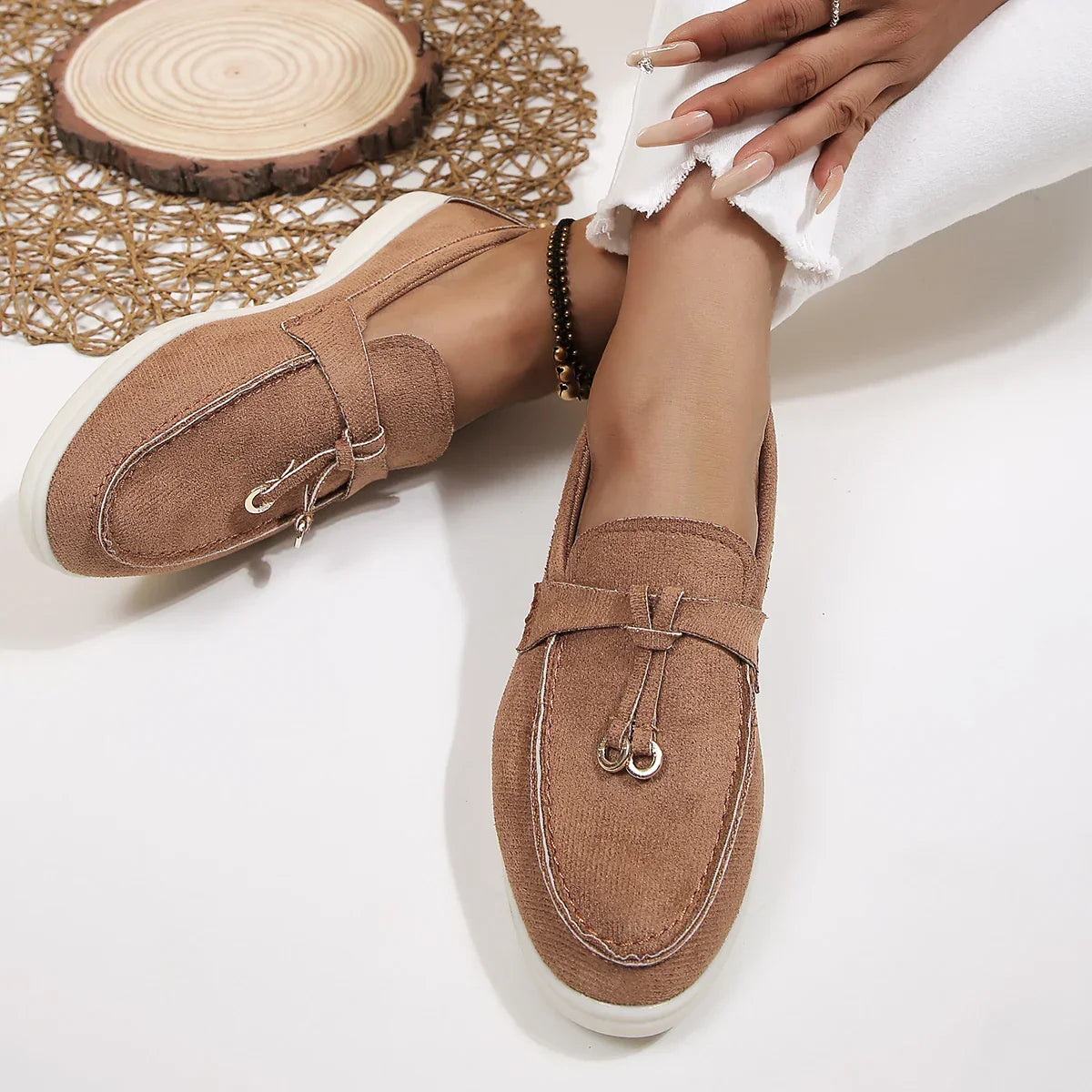 Genuine leather and soft suede slip-on loafers in a neutral shade