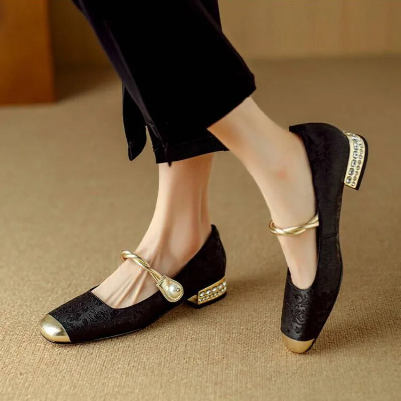 Brocade flats with gold-toned pearl strap and crystal-studded low block heel