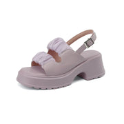 Ruched double-strap chunky heeled sandals with adjustable ankle strap and buckle closure