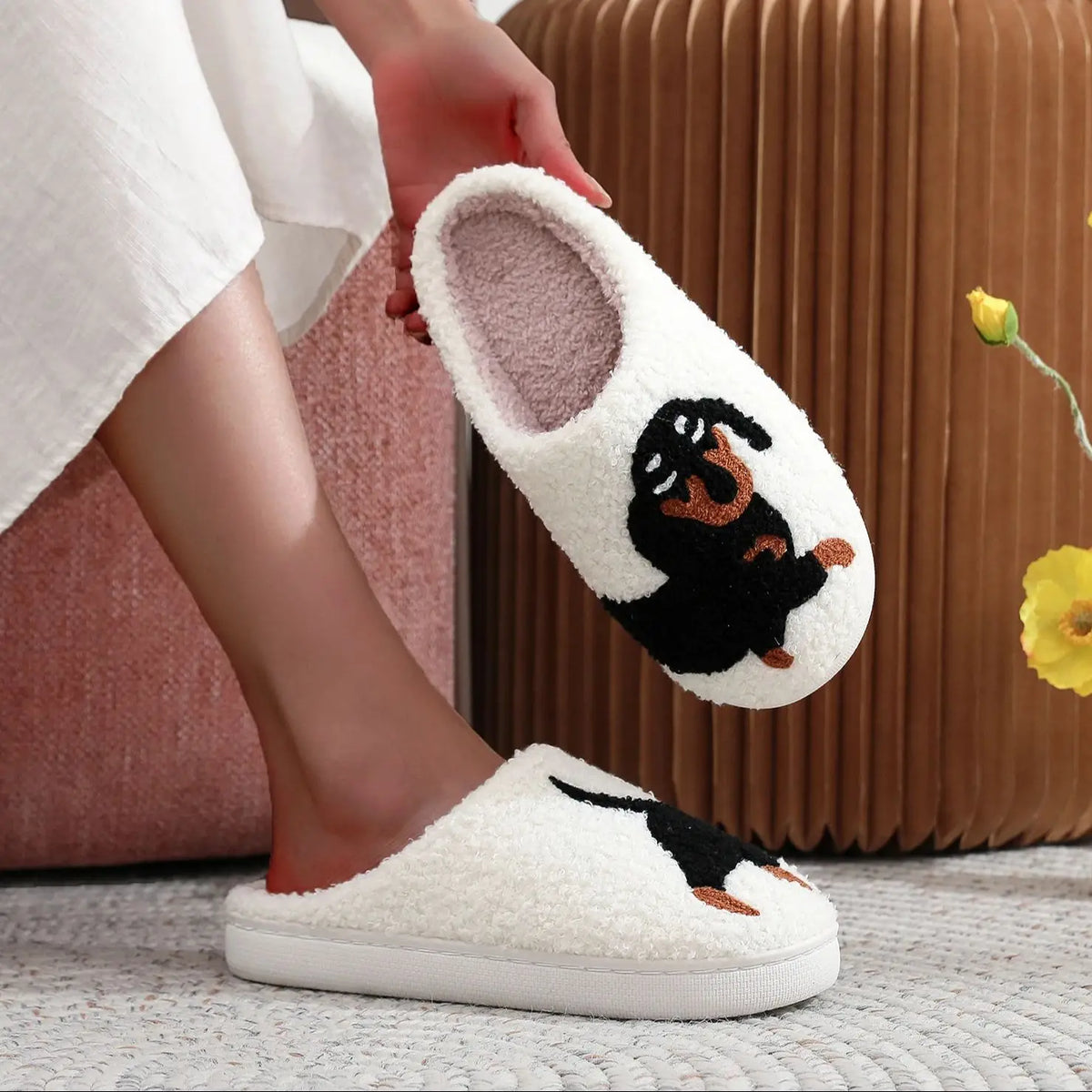 Dachshund novelty slippers with cushioned insole and non-slip white sole