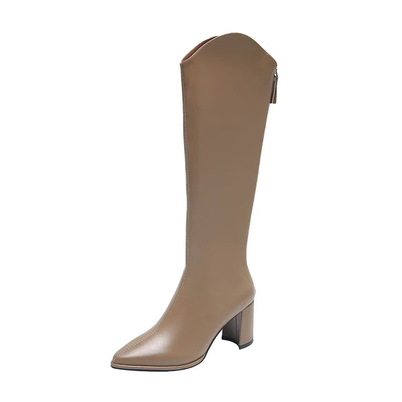 Knee-high block heel boots with zip closure in black, beige and brown