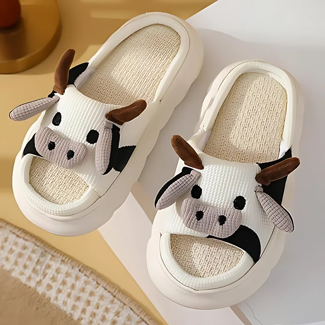 Cute women's cartoon animal cotton slippers in frog and cow designs with low-back heel