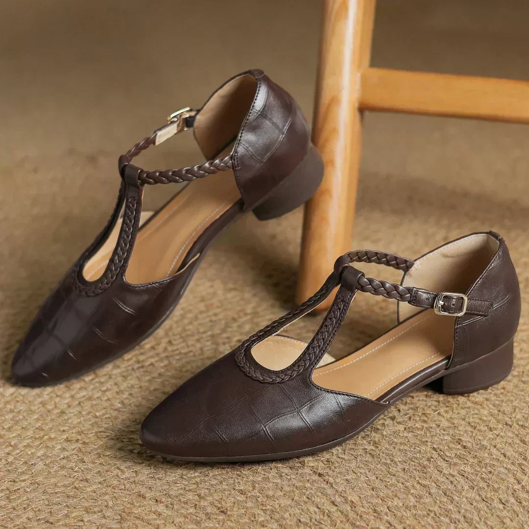 Classic Mary Jane flats shown in brown and black