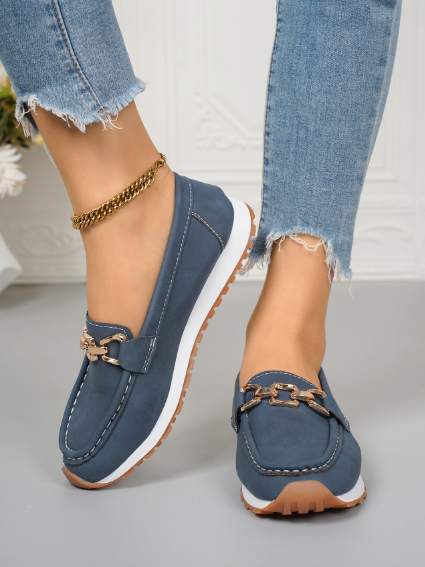 Women's buckle loafers shown in khaki, black, brown and marine blue