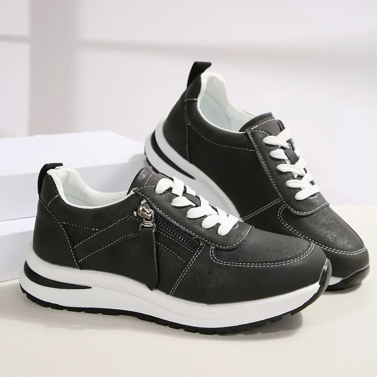 Vanessa lace-up platform sneakers with side zipper in brown and black