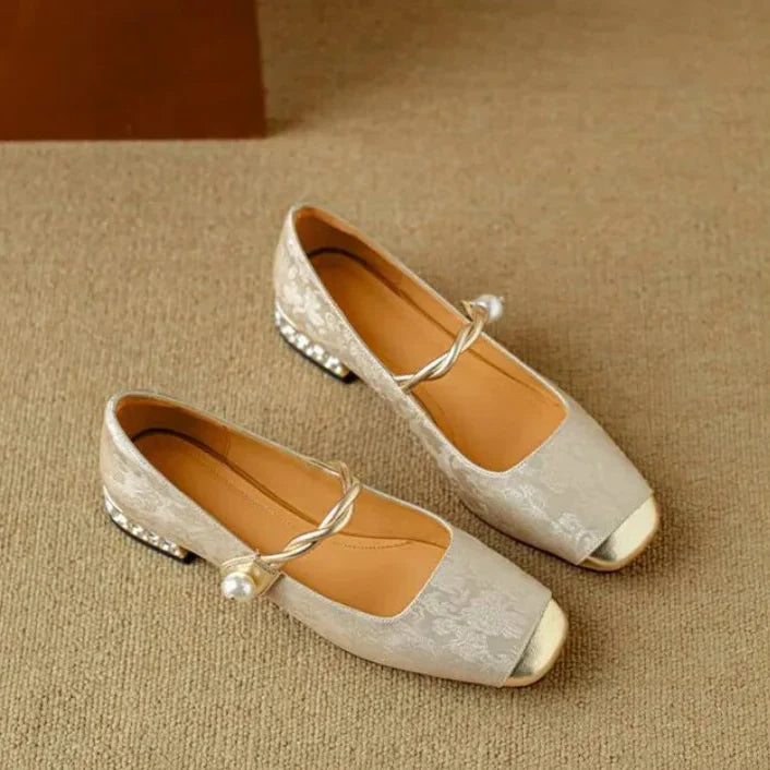 Brocade flats with gold-toned pearl strap and crystal-studded low block heel