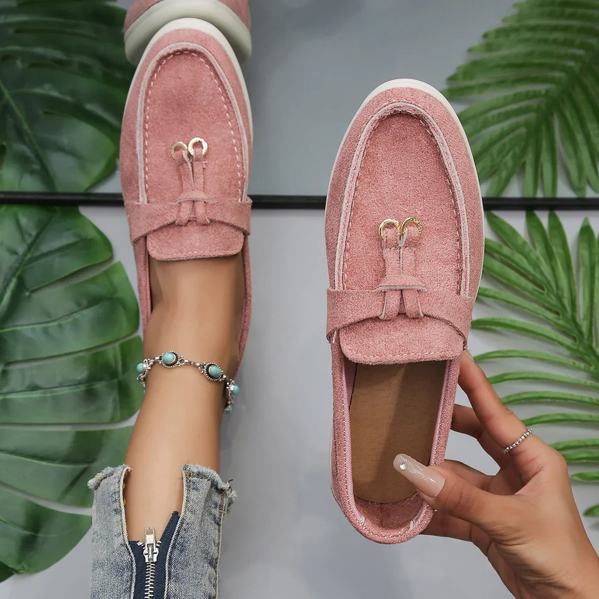 Genuine leather and soft suede slip-on loafers in a neutral shade