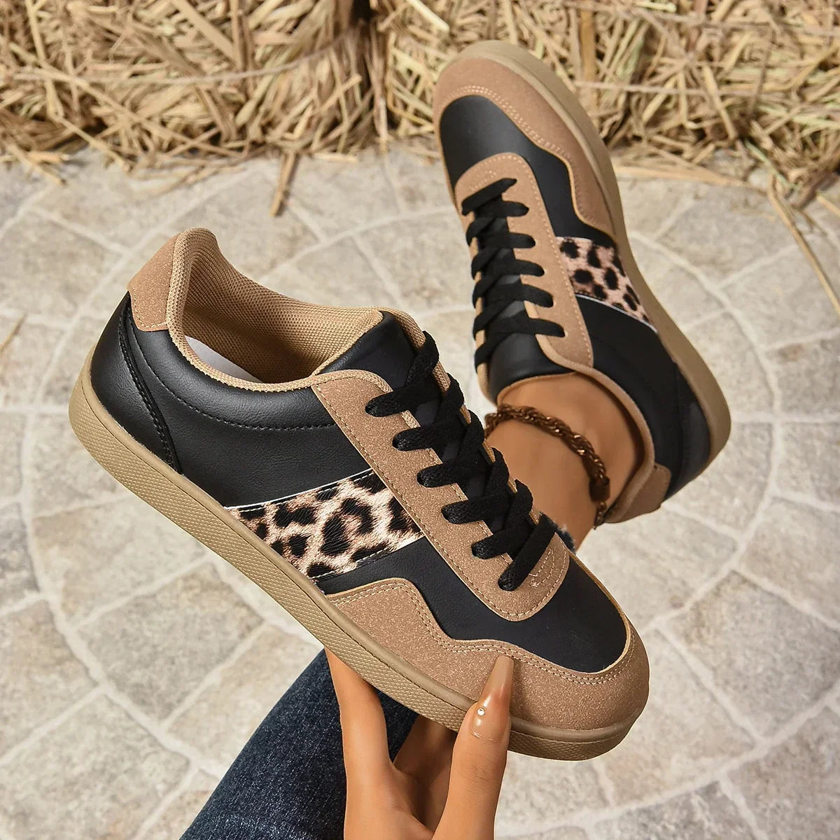 Leopard-print low-top sneakers with suede-texture panels in beige and black