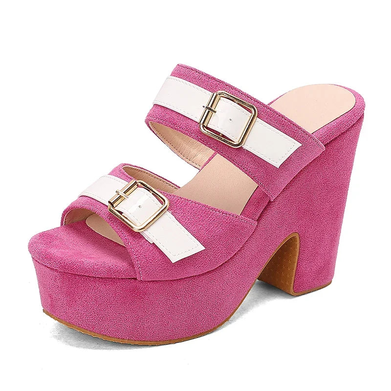 Chunky platform heeled suede sandals with dual buckle straps in vibrant colours