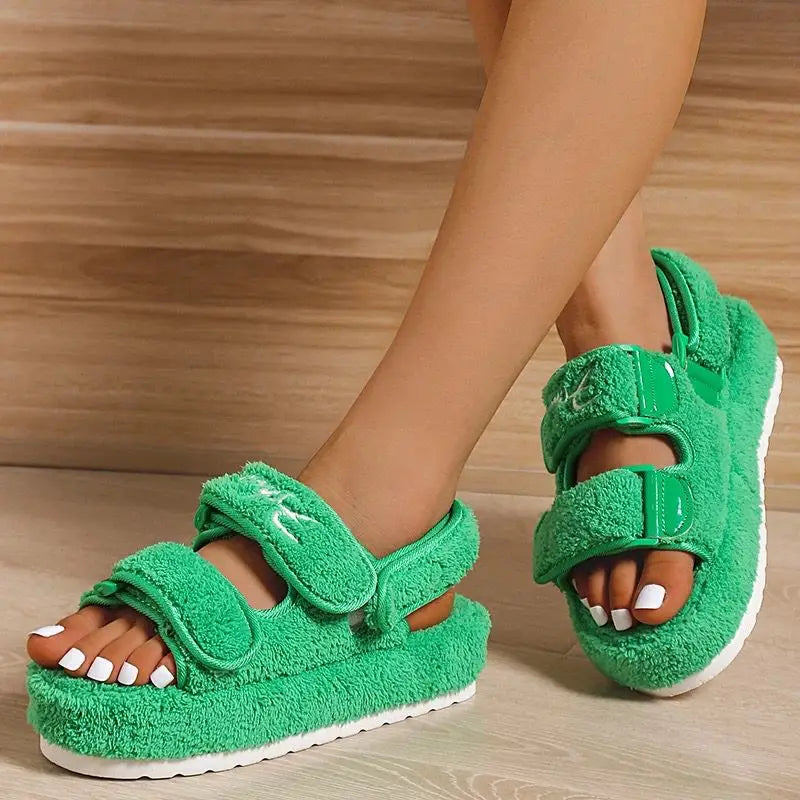 Plush terry platform slide sandals with adjustable velcro straps in bold colours