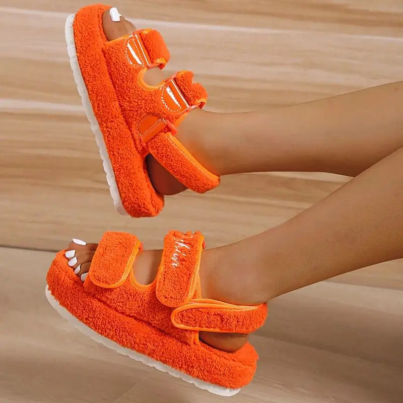 Plush terry platform slide sandals with adjustable velcro straps in bold colours