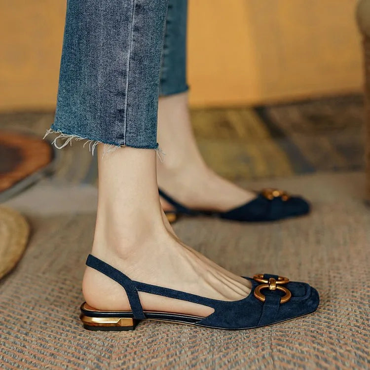 Leather slingback flat with vamp buckle, side cutout and squared toe