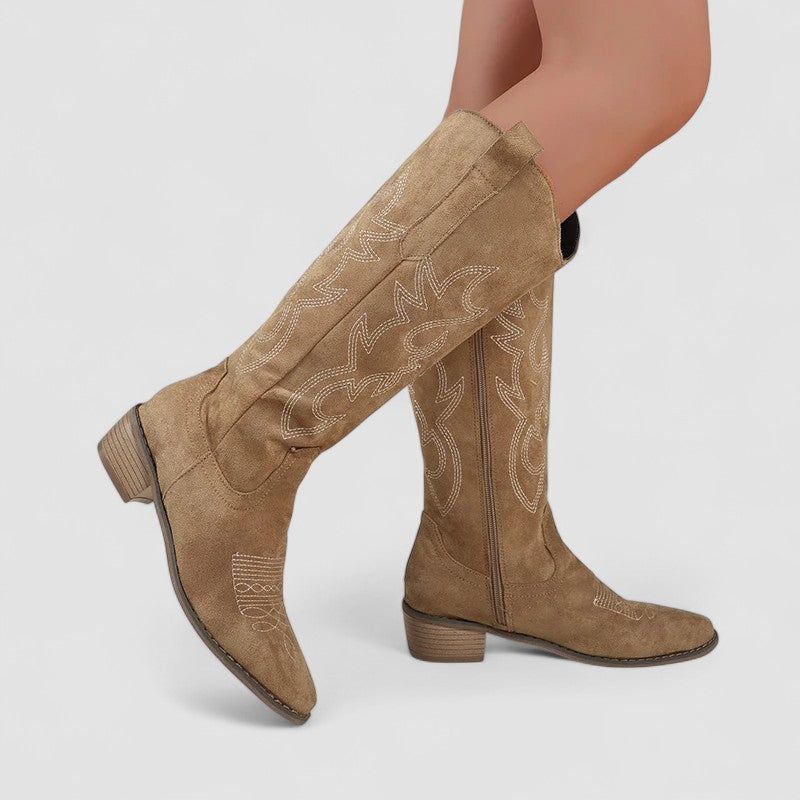 Clara | Western Boots in Dark Brown, Khaki & Pink