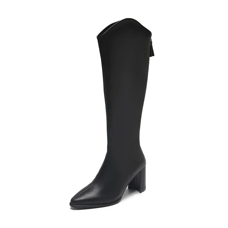 Knee-high block heel boots with zip closure in black, beige and brown