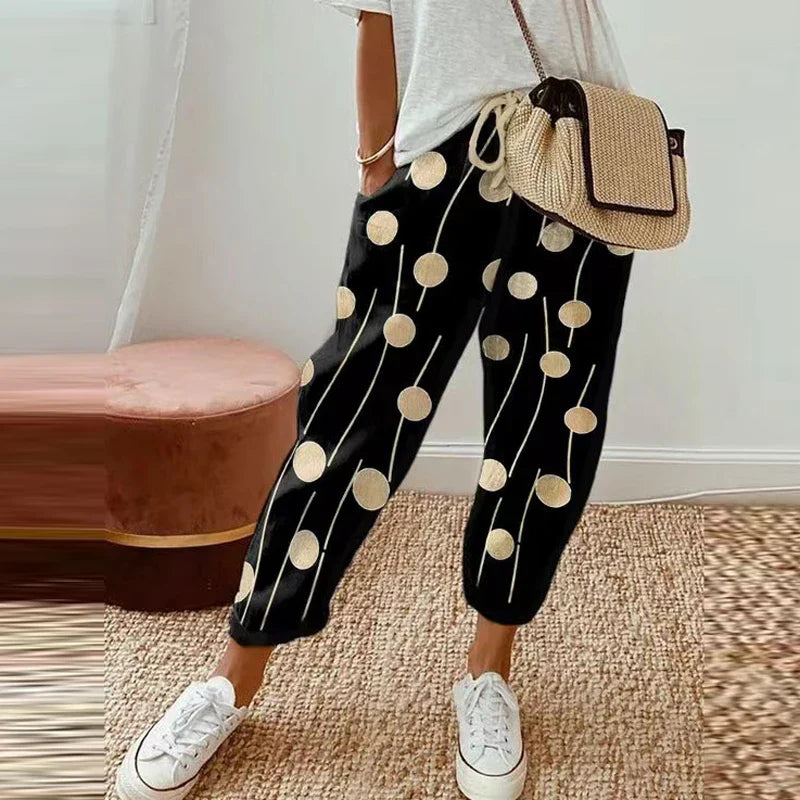 Fennimore black ethnic retro print pull-on pants with straight-leg silhouette and drawstring waist