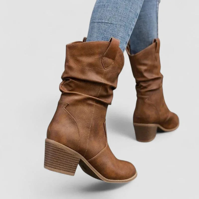 Vivian orthopedic leather ankle boots with block heel, shown in brown and black