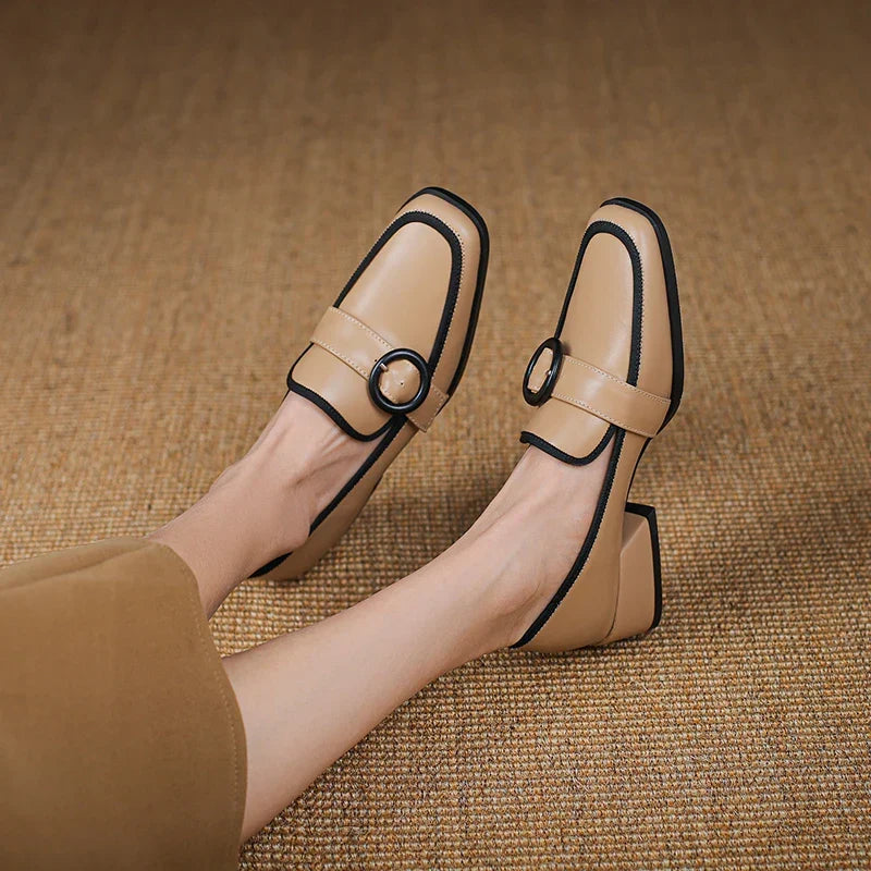 Premium Italian leather slip-on loafers with a low heel in black, white and khaki