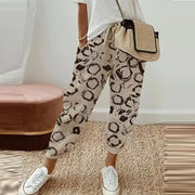 Marisande beige ethnic retro print pull-on pants with a relaxed straight-leg fit