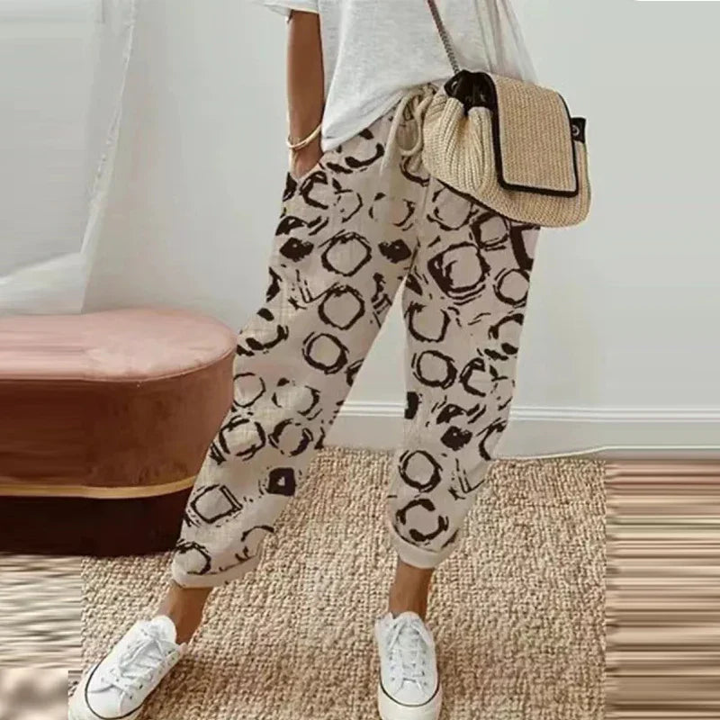 Marisande beige ethnic retro print pull-on pants with a relaxed straight-leg fit