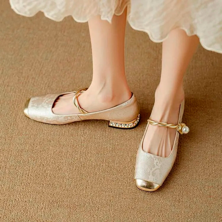 Brocade flats with gold-toned pearl strap and crystal-studded low block heel