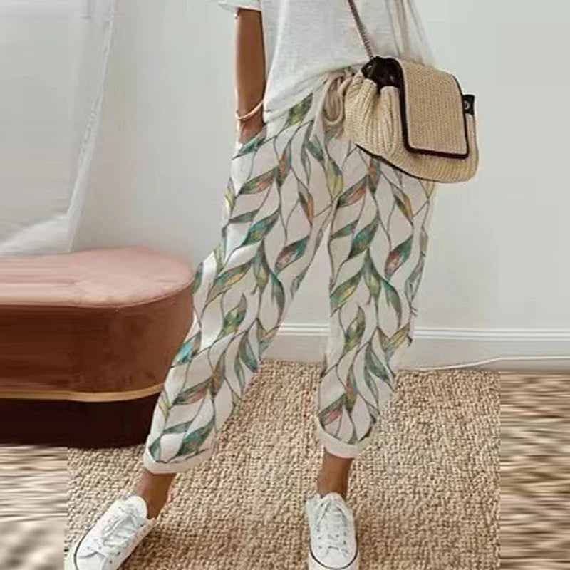 Thessalia ethnic retro print pull-on pants in leafy green with relaxed straight-leg fit