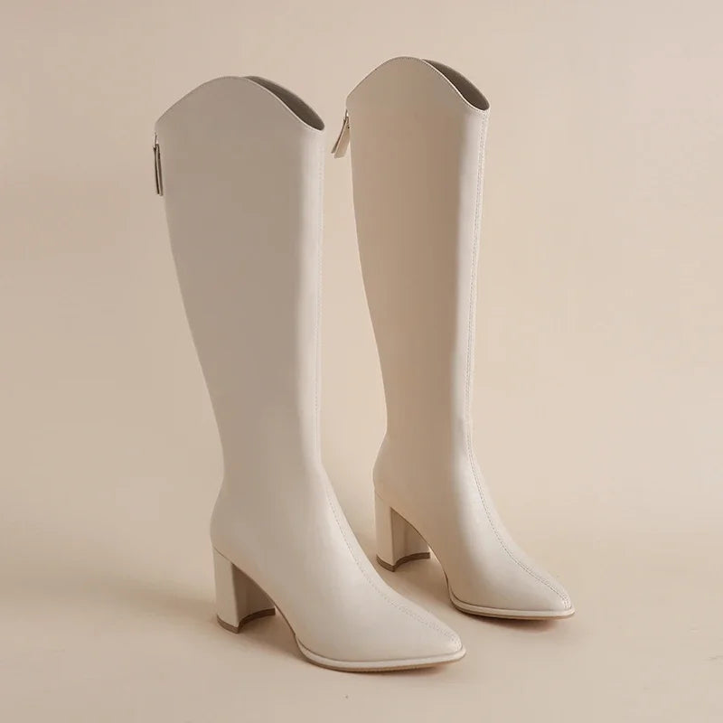 Knee-high block heel boots with zip closure in black, beige and brown