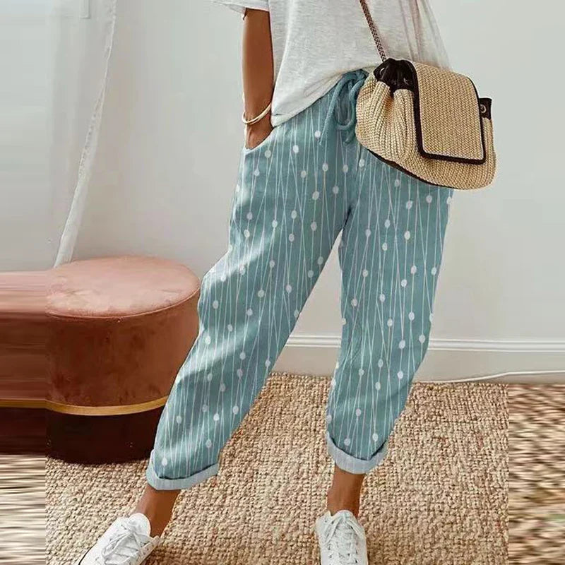 Halcyone blue ethnic retro print pull-on pants with straight-leg silhouette and drawstring waist