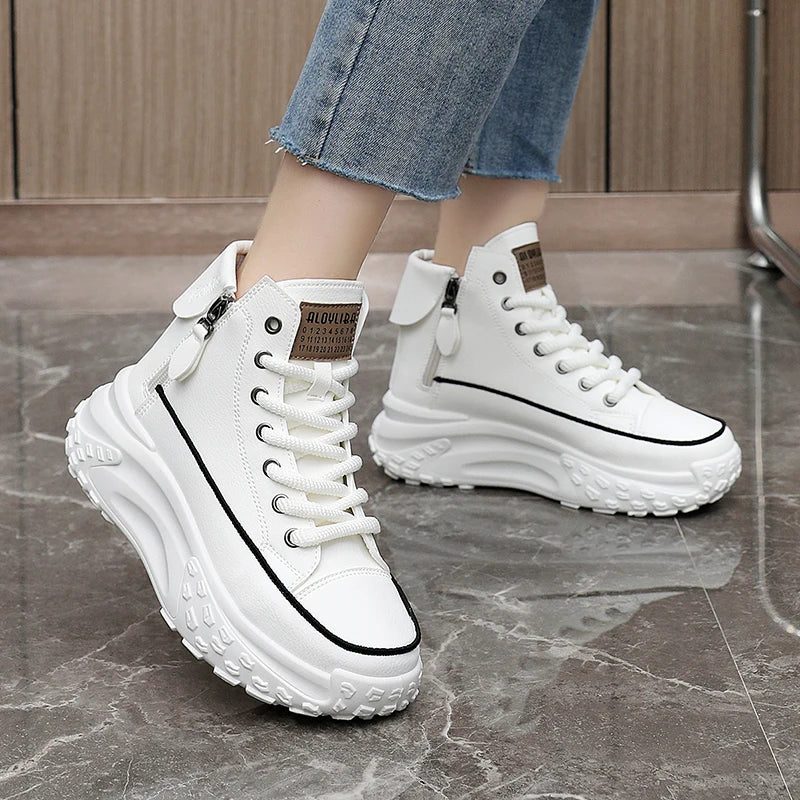 Platform high-top sneakers with side zippers and chunky sole in white, beige and black