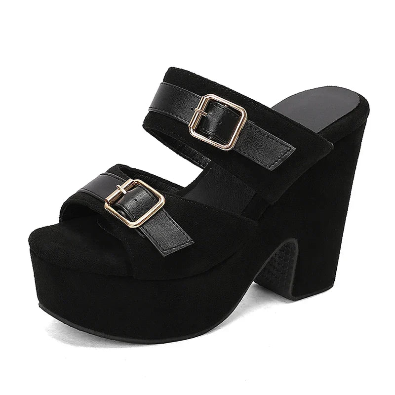Chunky platform heeled suede sandals with dual buckle straps in vibrant colours