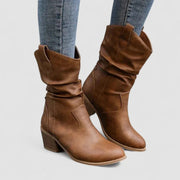 Vivian orthopedic leather ankle boots with block heel, shown in brown and black