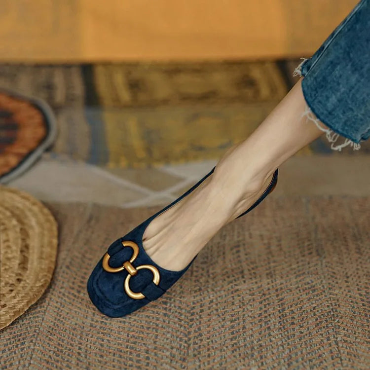 Leather slingback flat with vamp buckle, side cutout and squared toe