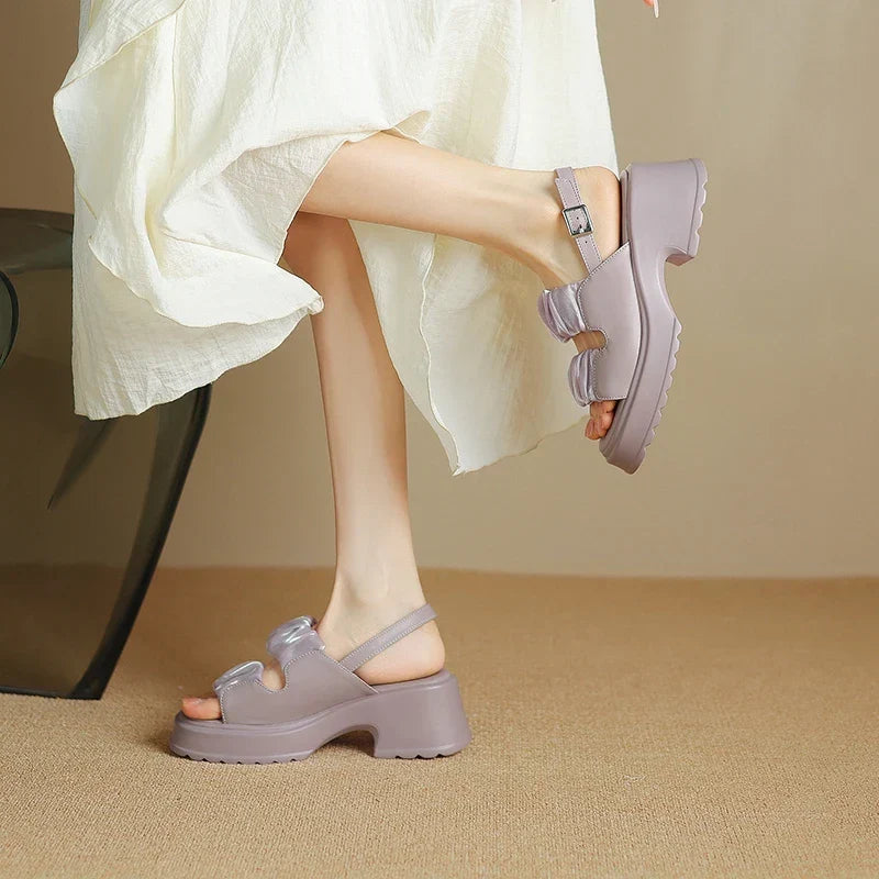 Ruched double-strap chunky heeled sandals with adjustable ankle strap and buckle closure