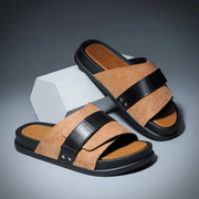Suede and leather slip-on slippers with cushioned sole in brown and black