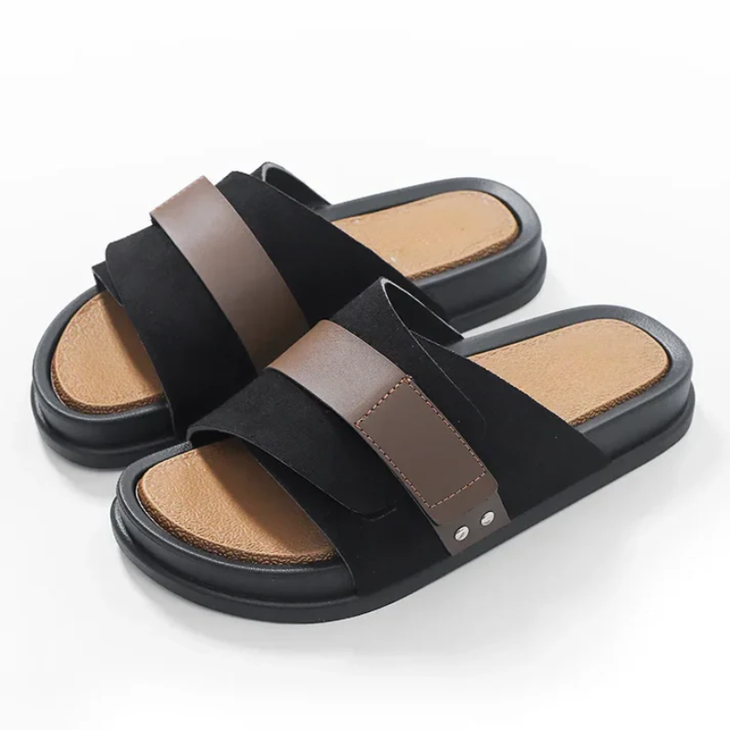 Suede and leather slip-on slippers with cushioned sole in brown and black