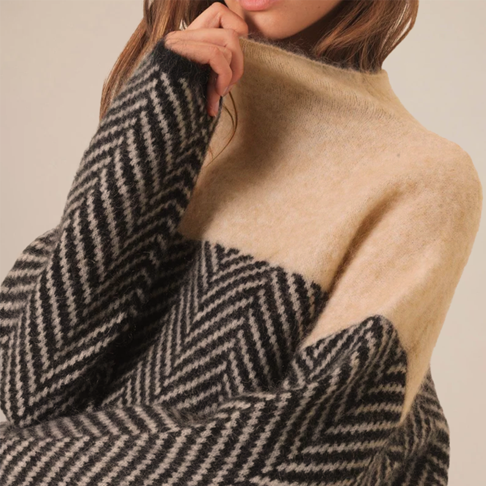 Gia luxury cashmere turtleneck jumper shown in oak brown, midnight blue and lilac violet