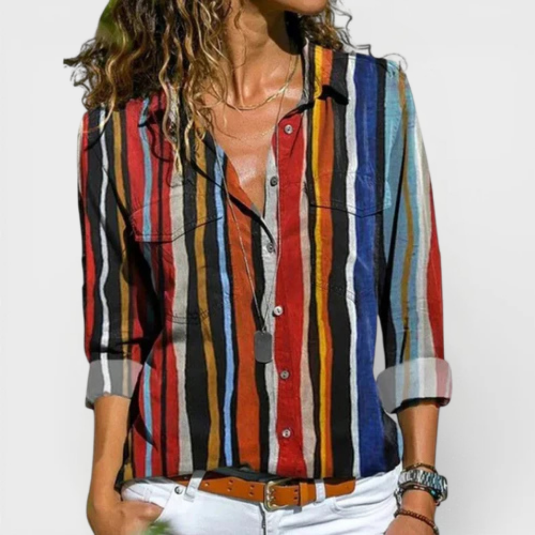 Nadienne elegant blouse shown in sky blue, orange, blue and grey colour options