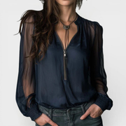 Helen navy blue half-zip knit blouse with textured weave and long sleeves