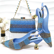 Rhinestone-embellished high heels with a matching sparkling handbag for special occasions