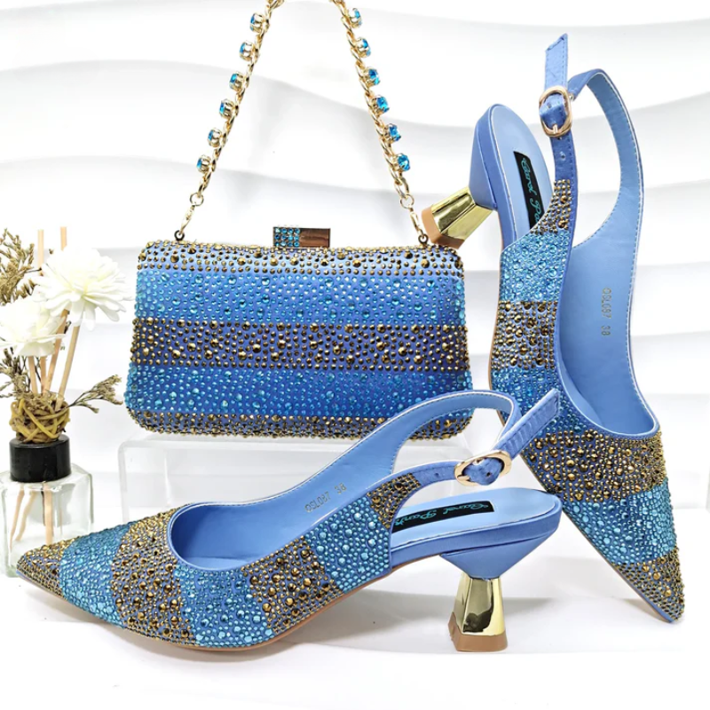 Rhinestone-embellished high heels with a matching sparkling handbag for special occasions